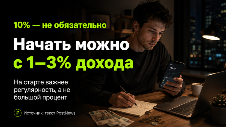 Начинать копить можно даже с 1–3% дохода: на старте важнее регулярность, чем высокий процент от зарплаты.