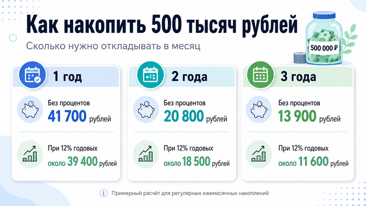 Сколько нужно откладывать каждый месяц, чтобы накопить 500 тысяч рублей за один, два или три года, и как проценты по вкладу помогают снизить ежемесячный взнос. ИИ-иллюстрация: создано с использованием ChatGPT (OpenAI)