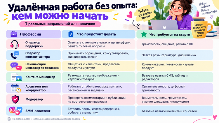 От клиентской поддержки до SMM: семь направлений, в которых можно начать работать без коммерческого опыта. Инфографика: «Постньюс»