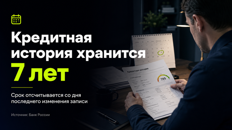 Сведения в кредитной истории хранятся семь лет со дня последнего изменения соответствующей записи. Источник: Банк России.