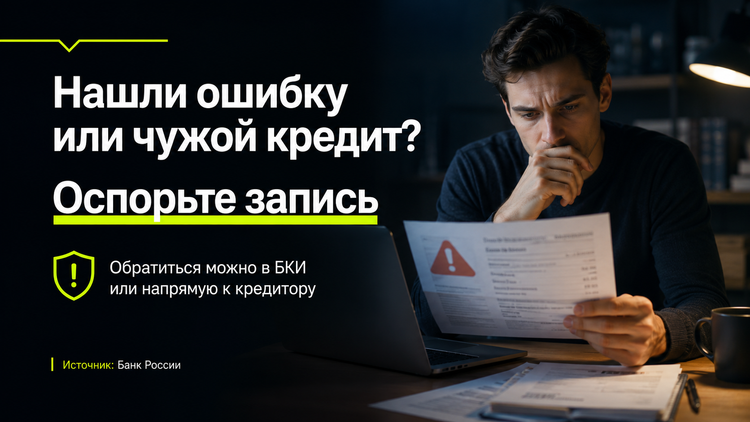 Если в кредитной истории обнаружилась ошибка или чужой кредит, запись можно оспорить через БКИ или напрямую у кредитора. Источник: Банк России.