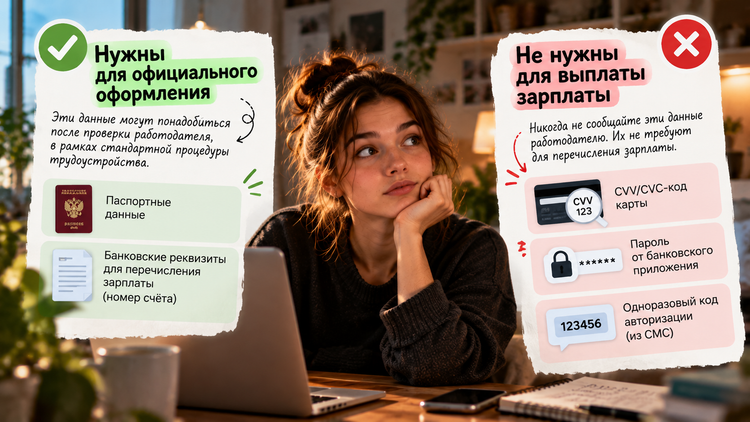 Паспортные данные и банковские реквизиты могут понадобиться при официальном оформлении, но CVV/CVC, пароли и коды подтверждения работодателю не нужны. ИИ-иллюстрация: ChatGPT (OpenAI)