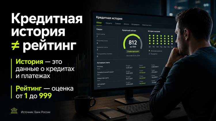 Кредитная история и кредитный рейтинг — не одно и то же: история содержит данные о кредитах и платежах, а рейтинг дает итоговую оценку по шкале от 1 до 999. Источник: Банк России.