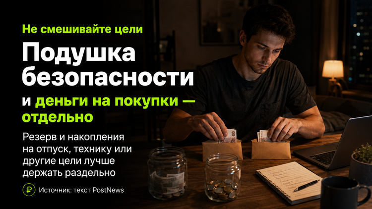 Резерв на экстренные ситуации и деньги на отпуск, технику или другие покупки лучше хранить отдельно.
