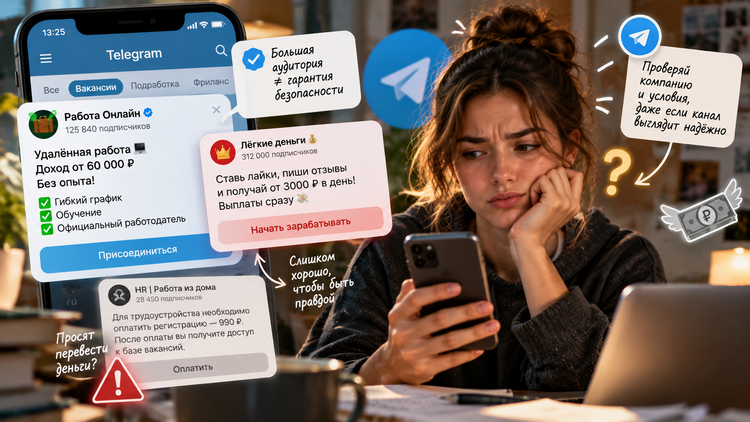 Тысячи подписчиков и положительные отзывы в Telegram-канале не гарантируют безопасность опубликованных вакансий. ИИ-иллюстрация: ChatGPT (OpenAI)