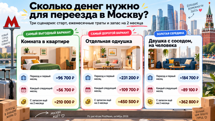 Сколько денег понадобится для переезда в Москву, первого месяца жизни и двух дополнительных месяцев без дохода. Инфографика: «Постньюс».