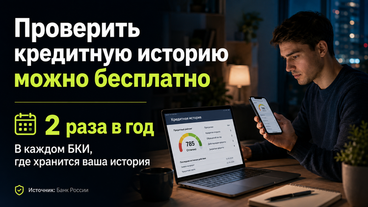 Кредитную историю можно бесплатно получить два раза в год в каждом БКИ, где хранятся ваши данные. Источник: Банк России.