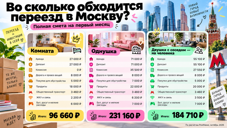 От аренды и продуктов до транспорта и бытовых расходов: сравнение стоимости первого месяца жизни в Москве. Инфографика: «Постньюс».
