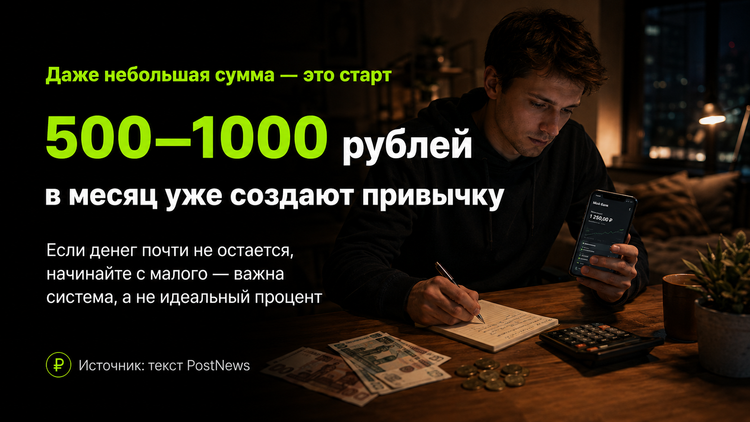 Даже 500–1000 рублей в месяц — уже рабочий старт: маленькие суммы помогают сформировать привычку копить.