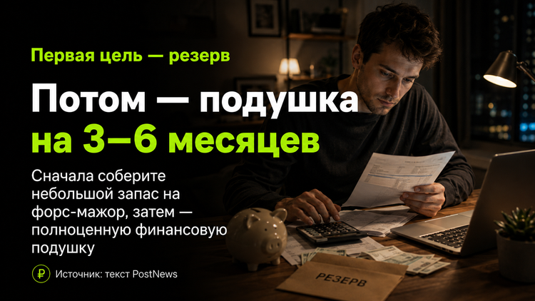 Финансовую подушку лучше собирать поэтапно: сначала небольшой резерв на форс-мажор, затем запас на 3–6 месяцев необходимых расходов.