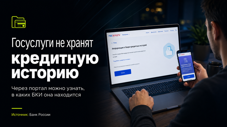 Госуслуги не хранят саму кредитную историю: через портал можно узнать, в каких БКИ она находится, а отчет запрашивается уже у бюро. Источник: Банк России.