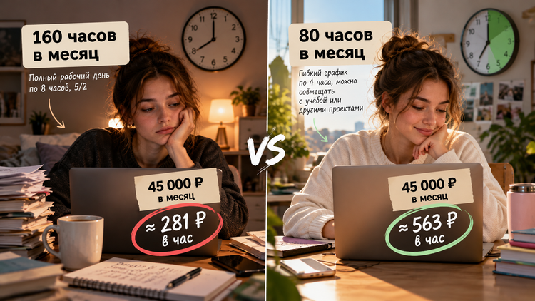 Одинаковые 45 тысяч рублей в месяц могут означать совершенно разную оплату труда: около 281 или 563 рублей за час. ИИ-иллюстрация: ChatGPT (OpenAI)