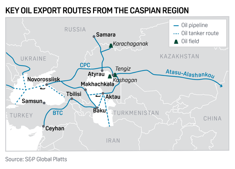 Карта путей нефтяного экспорта Казахстана. Источник: S&P Global