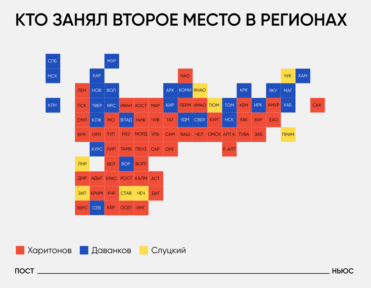 Как распределились вторые места на выборах президента РФ по регионам: карта