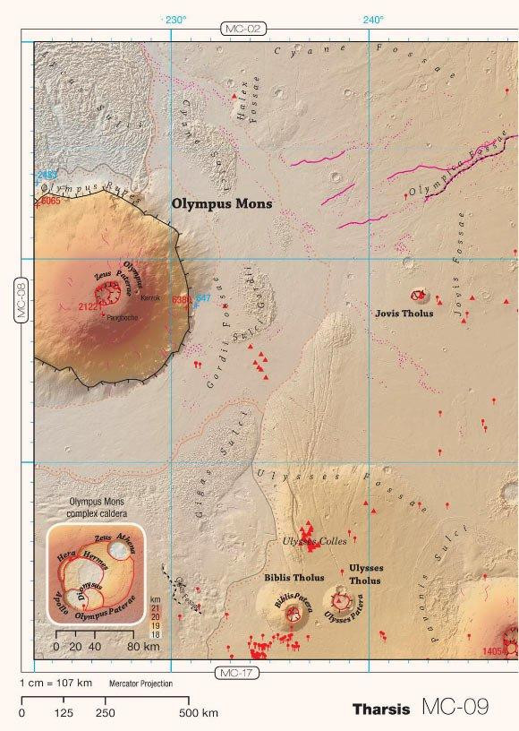 Выдержка из атласа с картой Фарсиды, марсианского региона, который представляет собой огромное вулканическое нагорье к западу от долин Маринера в районе экватора / Henrik Hargitai
