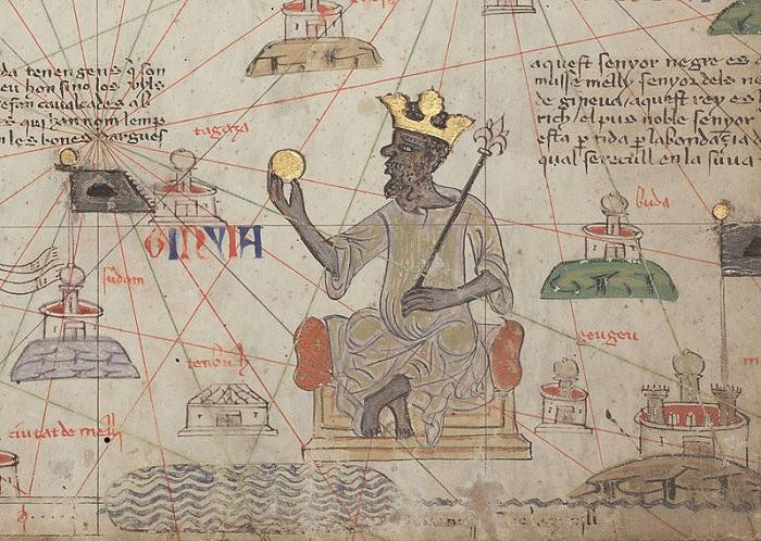После такого эпического Хаджа, Мали появилось на европейских картах. Манса сидит на золотом троне, в руках у него золото в Каталонском атласе 1375 года / kulturologia.ru 
