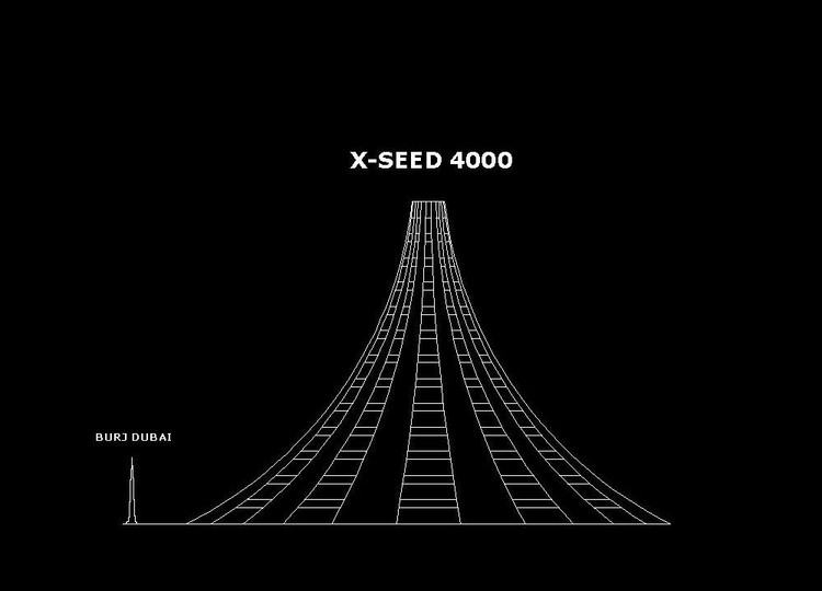 Четырехкилометровый X-Seed в сравнении с Бурдж-Халифа высотой 828 м / Wikimedia Commons