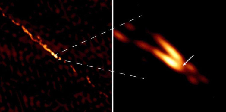 Слева — предыдущее лучшее изображение джетов, исходящих из черной дыры в центре Центавра А. Справа — новое, максимально детальное изображение левого джета, ориентированного в сторону Земли / Janssen et al., 2021