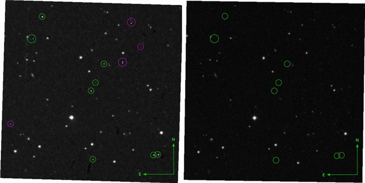 Зелеными кружками помечены объекты, которые больше не появлялись на снимках / Villarroel, B., Marcy, G.W., Geier, S. et al. Exploring nine simultaneously occurring transients on April 12th 1950. Sci Rep 11, 12794 (2021)