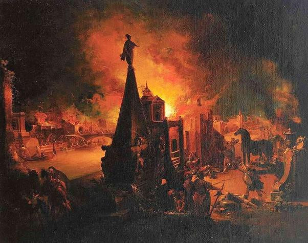 Падение Трои, написанное немецким художником Траутманном — навряд ли в таком огне могло сохраниться деревянное сооружение