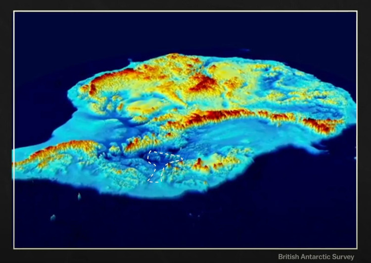 Карта Антарктики относительно уровня моря. Красные, желтые и зеленые области — выше уровня моря. Голубые и синие — ниже. Область внутри белого пунктира — ледник Туэйтса, который находится во впадине ниже уровня моря / British Antarctic Survey 
