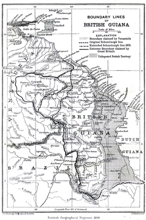 Карта претензий Великобритании на территорию Венесуэлы от 1896 года. Линия Шомбурга выделена пунктиром. Серым цветом отмечена неоспариваемая территория британских колоний. Источник: Wikimedia Commons